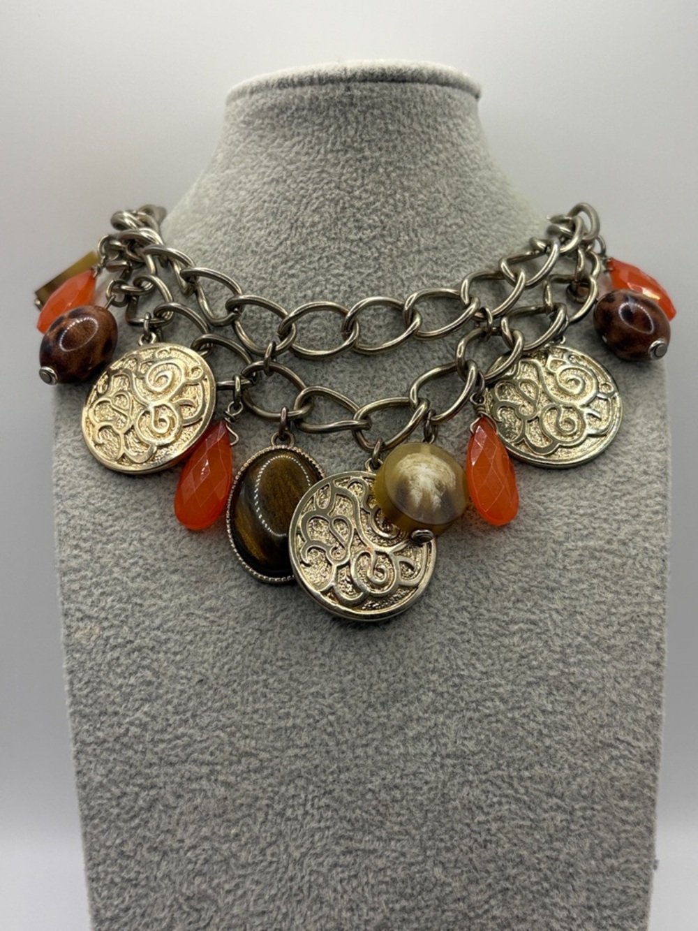 New York & Company Gold-Tone Multi-Charm Necklace Tigers Eye Brown Vintage